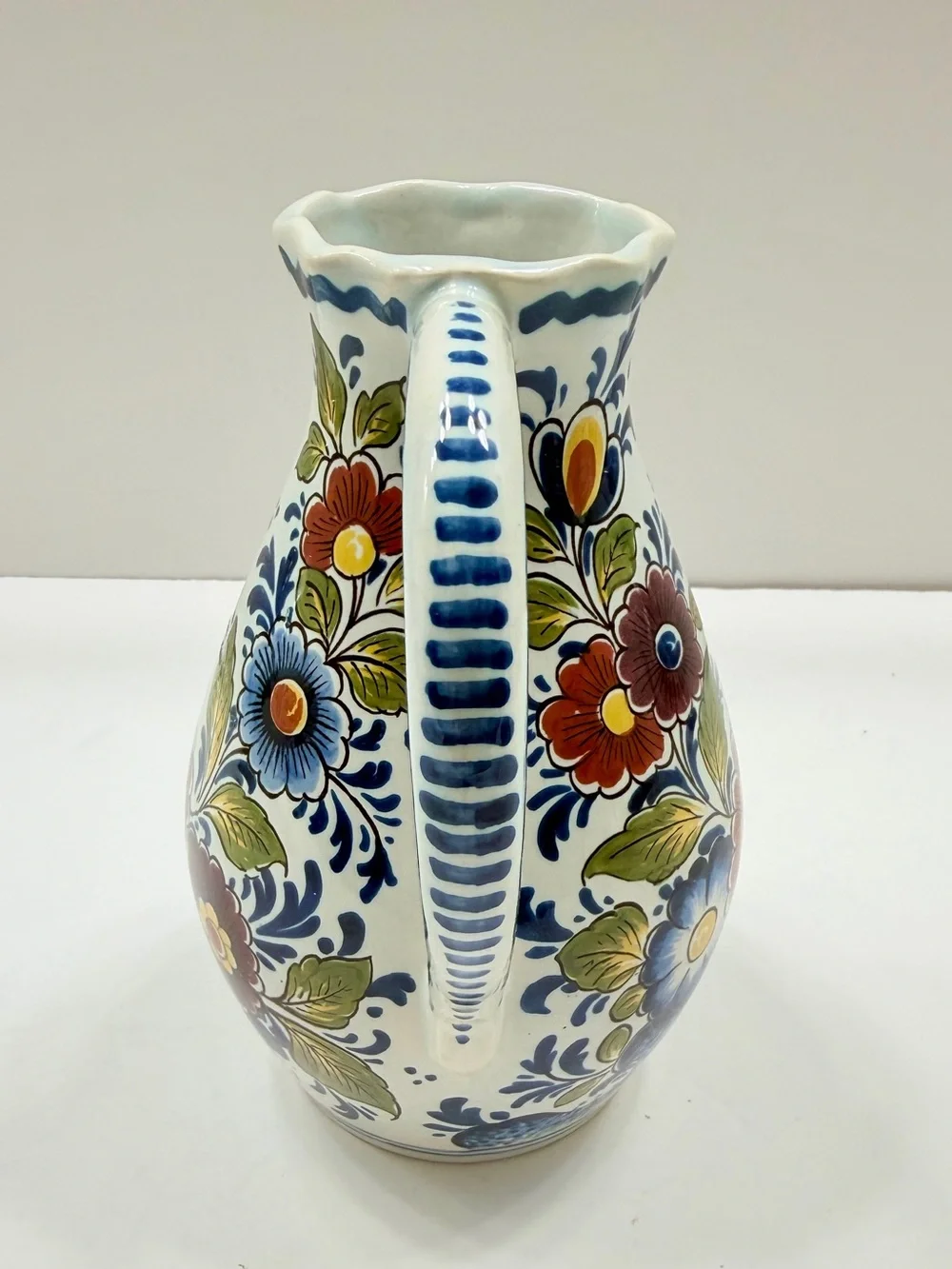 1960s Oud Delft Pottery Jug Pitcher Vase Hand Painted Polychrome Floral 6.5” Vtg